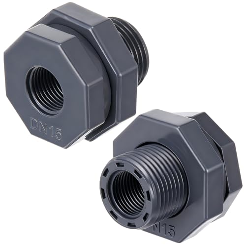 Bulkhead Fitting PVC Water Tank Connector Plumbing Pipe Threaded Bulkhead Fitting NPT for Rain Barrels, Water Tanks, Aquariums, Tubs, Pools(2 Pcs,1/2 Inch) - size: 1/2 Inch