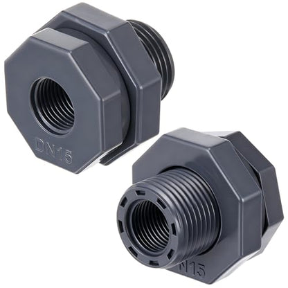 Bulkhead Fitting PVC Water Tank Connector Plumbing Pipe Threaded Bulkhead Fitting NPT for Rain Barrels, Water Tanks, Aquariums, Tubs, Pools(2 Pcs,1/2 Inch) - size: 1/2 Inch