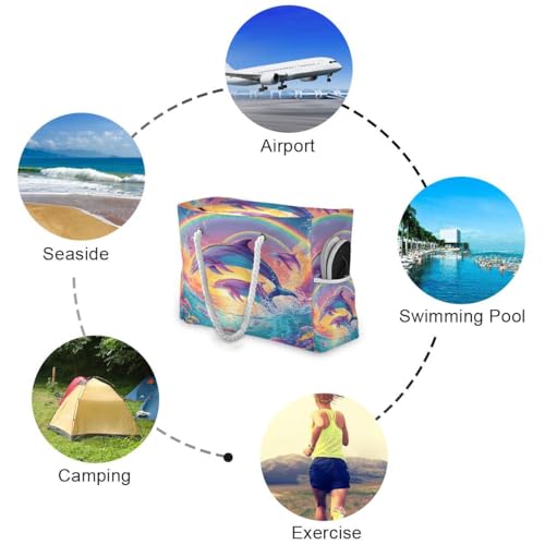 senya Large Beach Bags Totes Canvas Tote Shoulder Bag Soft Wave Water Resistant Bags for Gym Travel Daily Ocean - color: Dolphin Ocean Rainbow