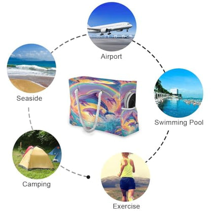 senya Large Beach Bags Totes Canvas Tote Shoulder Bag Soft Wave Water Resistant Bags for Gym Travel Daily Ocean - color: Dolphin Ocean Rainbow