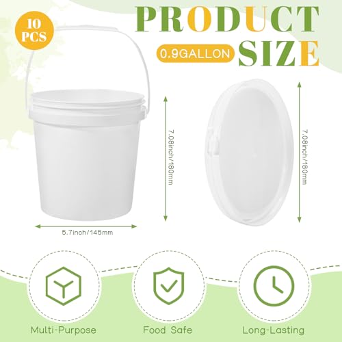 10 Pack 0.9 Gallon White Plastic Buckets with Lids and Handles –Portable Storage Containers for Dry Food, Paint, Camping, Fishing Supplies