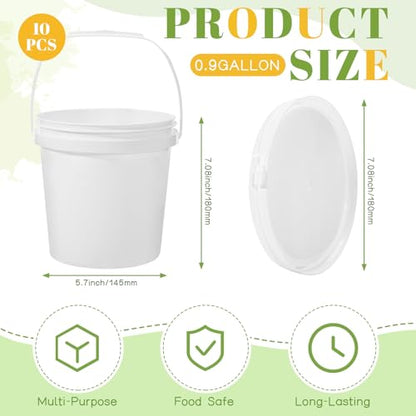 10 Pack 0.9 Gallon White Plastic Buckets with Lids and Handles –Portable Storage Containers for Dry Food, Paint, Camping, Fishing Supplies