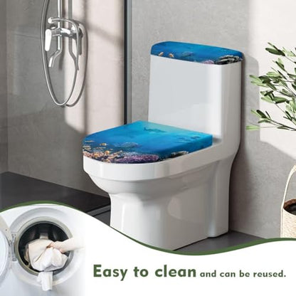 Bathroom Toilet Lid Cover Toilet Seat Cover Set 2 Pcs,Stretch Toilet Tank Lid Cover Protector,Fits Most Toilet Tanks and Lids,Sea Fish Blue