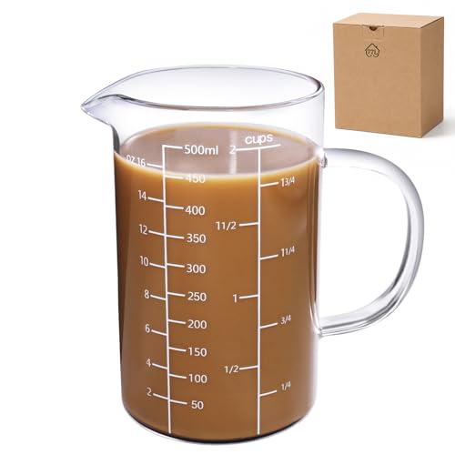 2 Cup Glass Measuring Cup, [Insulated handle, V-Shaped Spout], High Borosilicate Glass Measuring Cup for Kitchen or Restaurant, Easy To Read, 500 ML (0.5 Liter, 2 Cup) - color: White measuring scale, size: 500 ML (2 Cup)