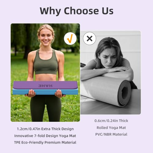 HAHE 7-Fold Design Extra Thick Yoga Mat 72"L x 24"W x 0.47", TPE - color: Purple & Sky Blue