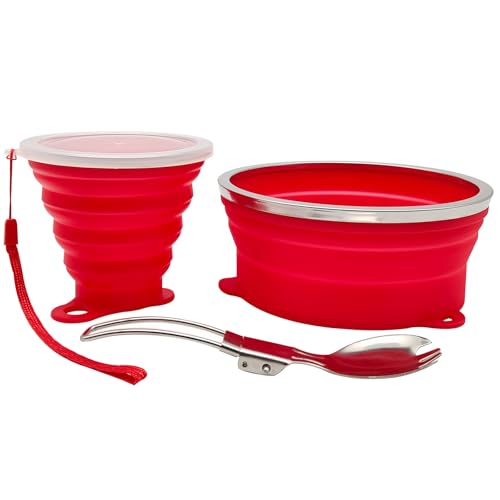 Mess Kit for Camping Silicone Collapsible Bowl Collapsible Cup and Stainless Steel Spoon for Backpacking Outdoor Hiking Traveling and Picnic - color: Red