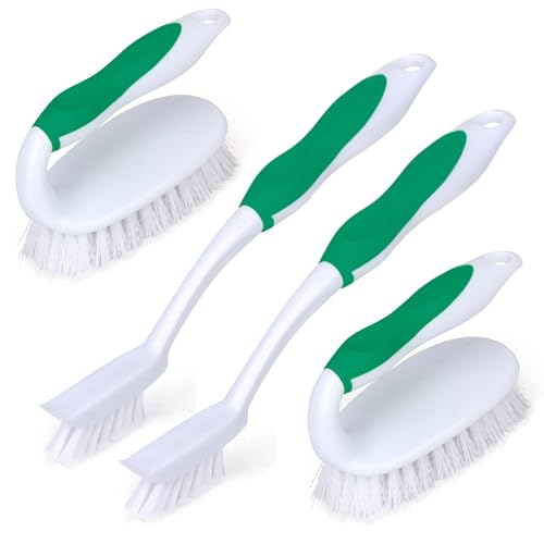 Scrub Brush Set, 4 Pack Deep Cleaning Brush Kit - 2 Scrub Brush, 2 Tile & Grout Brush with Built-in Scraper, Household Commercial Scrubber for Floor, Shower, Pool Wall, Tub (Green)