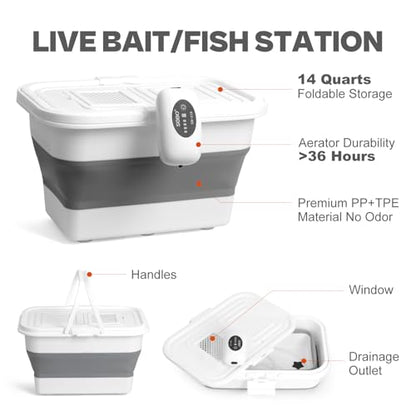 Live Bait or Fish Bucket with Aerator, 14 Quarts Multi-Function Collapsible Fishing Container Box with Rechargeable Air Pump - color: Bucket+Aerator