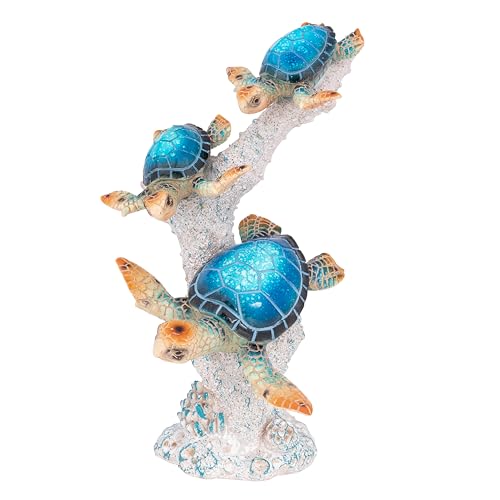 Sea Turtle Statue Triple Turtles Swimming on Coral Reef Base – Ocean-Inspired Polystone Figurine for Coastal, Beach & Nautical Home Decor – Tabletop Accent Sculpture (Blue, 9.5”) - color: Electric Blue