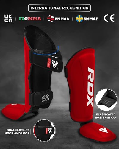 RDX Shin Guards Kickboxing Muay Thai, SATRA SMMAF Approved, Premium Maya Hide Leather, Leg Instep Protection Pads, MMA Martial Arts Kicking Sparring Training Gear, BJJ Karate Boxing Taekwondo, Black - color: Red, size: Medium