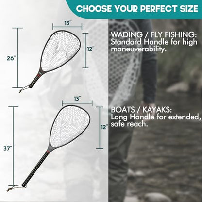 Riverruns Fly Fishing Landing Net Carbon Fiber Trout Net with Measurement Handle, Soft Rubber Mesh - 26" Standard (Wading) / 37" Long (Kayak) - color: 26" Wading Net (Standard) - Black 3K Woven
