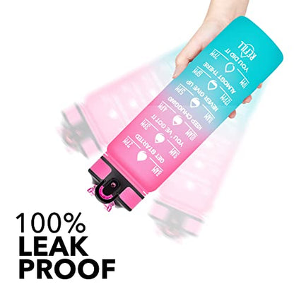 Hyeta Water Bottle with Straw & Time Marker, Plastic 32oz Leakproof - color: Pink-Green