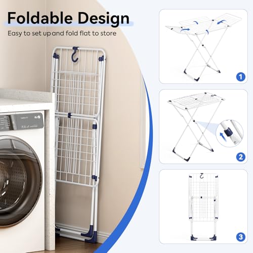 APEXCHASER Clothes Drying Rack with 4-Gullwing, White, 55.12"*37.8"*17.52"