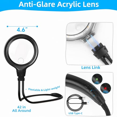 Hands Free Magnifying Glass with Light for Reading and Sewing | 1200mAh Rechargeable Battery • 12 LEDs with 6 Light Modes • Flexible Gooseneck • Adjustable Brightness • 4.6" Acrylic Lens - size: 4.6"
