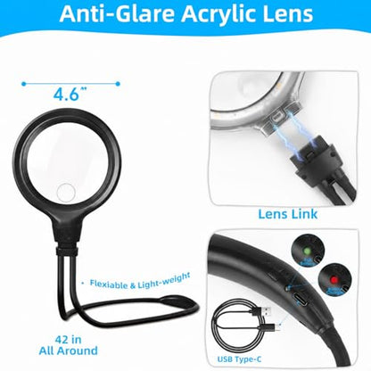 Hands Free Magnifying Glass with Light for Reading and Sewing | 1200mAh Rechargeable Battery • 12 LEDs with 6 Light Modes • Flexible Gooseneck • Adjustable Brightness • 4.6" Acrylic Lens - size: 4.6"