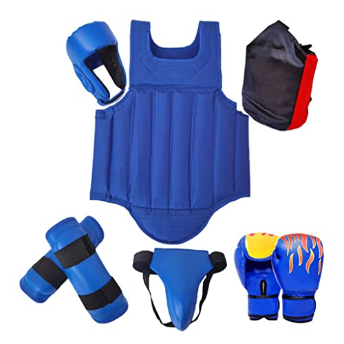 Sparring Gear Set Double Layer Thickening Sparring Gear Set,Martial Arts Protector Equipments,Sanda Kickboxing Kit 6 Pcs Set - color: Blue, size: Small