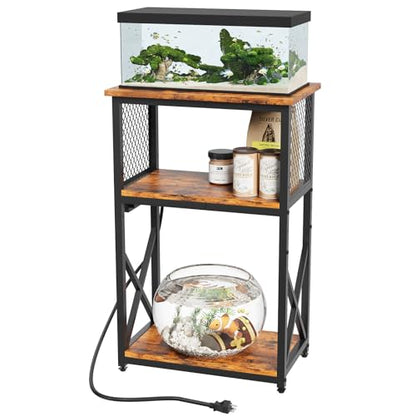 10 Gallon Fish Tank Stand with Power Outlet, 3 Tier Aquarium Stand with Shelf, Turtle/Reptile Tank Stand for Home Office,Adjustable Boards, 20.47''L×11.42''W×30.91''H, Retro Brown