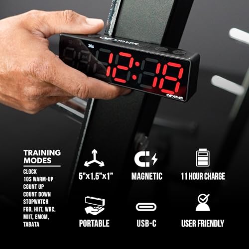 Valor Fitness Magnetic Gym Timer Clock – 5 Inch LED Interval for HIIT, Tabata & EMOM Workouts, 11 Hour Rechargeable Battery, USB-C, Compact Digital Wall or Rack Mount Timer