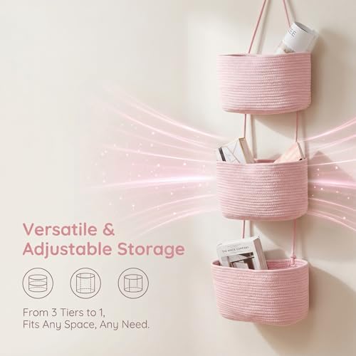 Hanging Basket, Over Door Organizer, 3 -Tier Wall Basket with Hooks | Pink Adjustable Height Cotton Wall Organizer Boho Basket for Nursery Bathroom Living Room Bedroom Kitchen Small Apartment - style: Pink