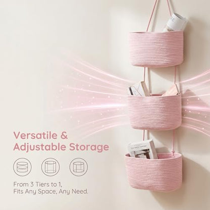 Hanging Basket, Over Door Organizer, 3 -Tier Wall Basket with Hooks | Pink Adjustable Height Cotton Wall Organizer Boho Basket for Nursery Bathroom Living Room Bedroom Kitchen Small Apartment - style: Pink
