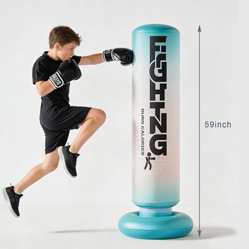 Inflatable Boxing Pillar - Punching Bag for Adults & Kids,Tall Larger 59.1 Inch Stable Boxing Bag for Teens, Fast Inflation Deflation Design, Water Filled Base, Easy Inflate Valve - color: blue