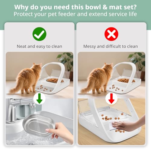 Stainless Steel Bowl for Automatic Microchip Cat Pet Feeder, Sealing Ring Design for Keeping Food Fresh and Reducing Odor, SUS 304, Easy to Clean, 2 Bowl & 1 Mat Set