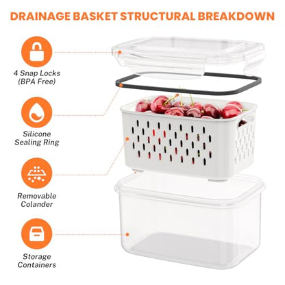 8 Pieces Fruit Storage Containers for Fridge with Lids and Strainer, 4Pack Fruit Containers for Fridge, Fresh Produce Saver Keeper for Vegetable Fruit Salad, BPA Free Fruit Organizer for Refrigerator
