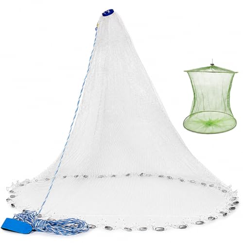 Yeahmart American Saltwater Fishing Cast Net for Bait Trap Fish 3ft/4ft/5ft/6ft/7ft/8ft/9ft/10ft Radius Casting Nets with Heavy Duty Real Zinc Sinker Weights, 3/8inch Mesh Size