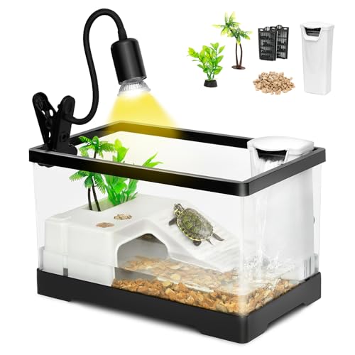 All In One Turtle Tank Kit,PC Large Aquarium,Red Eared Slider Aquatic for Baby Tortoise,Fishes and Amphibians,Include Basking Platform*1,Filter*1,Filter Plates*2,Plants*2,UVB Lamp*1,Bulb*1,Stone*1 - color: Black, size: Large(15.8*7.8*8.7inch)