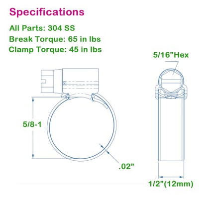Non-Slip Stainless Steel Worm Gear Hose Clamps 5/8 to 1"(16-25mm) | SAE Size 8, 5/16"Hex Head, Soft Hose Protection, Adjustable for Automotive, Fuel Line, Garden, Heater, Radiator, 12Pack - size: SAE#8(5/8 To 1)