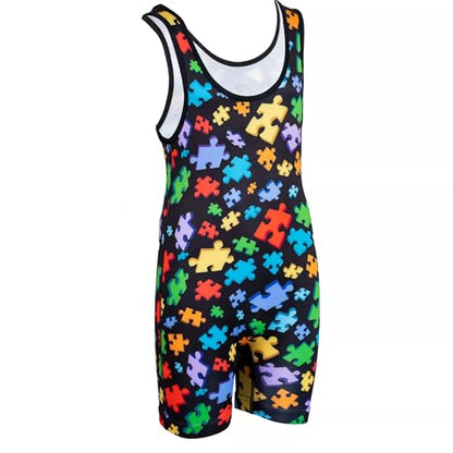 KO Sports Gear Adult Wrestling Singlets, Funny & Holiday Designs, XS-3XL - color: Autism Awareness, size: Small