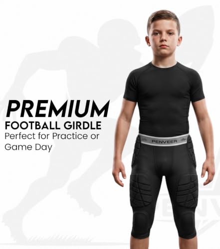 7 Pad Football Girdle Youth with Cup Pocket & Integrated Padding - color: Black, size: Large
