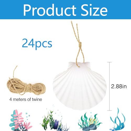 24Pcs Scallop Shells White Natural Seashell 2"-3" Perforation Scallop Shells with Rope for Christmas Tree Ornaments & DIY Hanging Home Deocration Craft