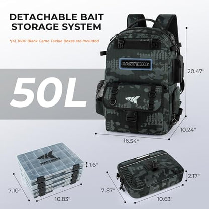 KastKing BaitSpace Fishing Tackle Backpack with Removable Bait Binder,2 Rod Holders Storage Fishing Gear and Equipment - color: B: Black Camo (With (4) 3600 Tackle Boxes)