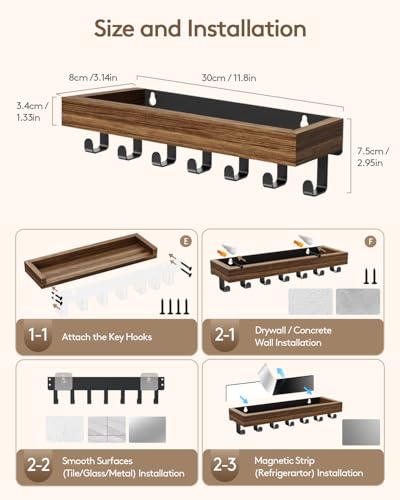 Key Holder Wall Mount Magnetic Adhesive - Key Hooks Rack with shelf - color: Rustic, size: Large