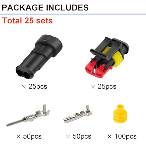 25 Kit 2 Pin Connector Automotive Waterproof Connectors 2 Wire Connectors Electrical Connector Two Pin Connector Quick Disconnect Plug Kit 22-16 AWG - size: 22-16AWG 25Set