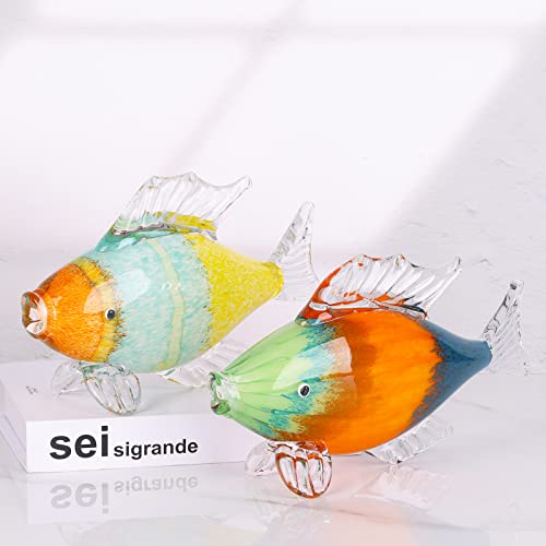 Large Glass Fish Statue, Hand Blown Glass Sea Life Figurines, Coastal Decor for Home,Tropical Fish Ornaments Collectible Figurines, Coffee Table, Shelf, Office, Bathroom Decoration Nautical Art