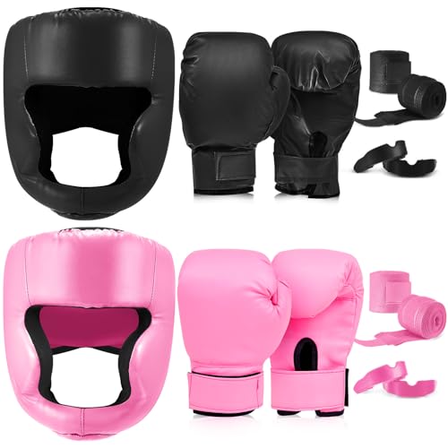 Kanayu 14 Pcs Boxing Gloves and Headgear Set for Beginners Youth 16 Ounce Boxing Gloves Headgear Helmet Hand Wraps Mouth Guards Equipment for Beginners Training Equipment Gifts - color: Black, Pink
