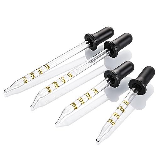 4 Pack, 1 mL Glass Eye Dropper with Measurement - Long & Short, Bent & Straight Tip Calibrated Glass Medicine Droppers, Accurate Dose Pipette Dropper for Essential Oils, Feeding, Ear, Lab, Health Care