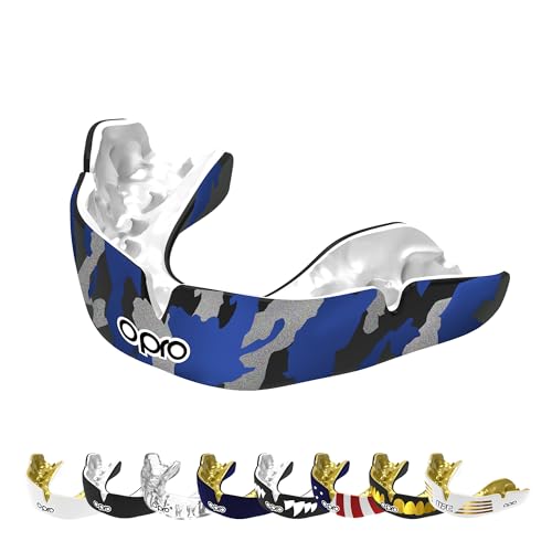 OPRO Instant Custom-Fit Mouthguard – Dentist Level Gum Shield Adult and Kids – OPRO Mouth Guard Boxing and MMA, Self-Fit Gum Shield Rugby – Maximum Protection with Dental Warranty (Black/Blue/Silver) - color: Blue Camo - Black/Blue/Silver, size: Adult (10