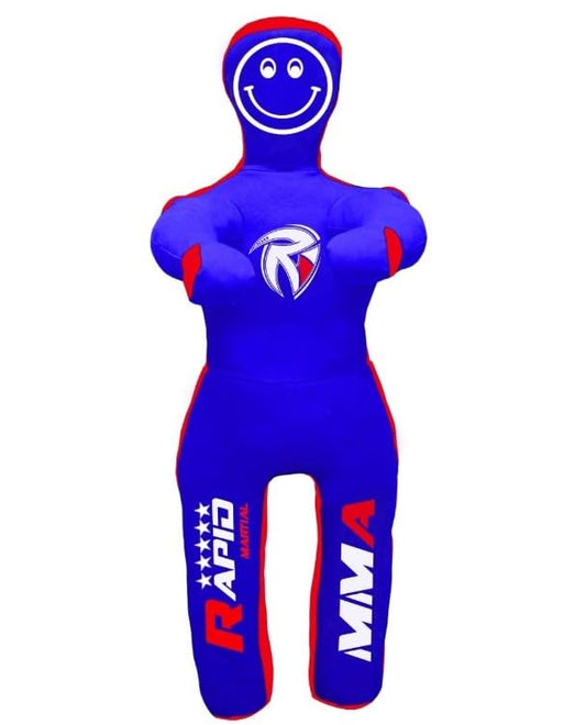Kids Grappling Dummy Unfilled – Wrestling, BJJ, MMA Training Dummy for Kids with Moveable Arms & Legs – Durable Punching & Sparring Dummy for Practice - color: Blue-Red-Stand, size: 4 ft-49 Inch