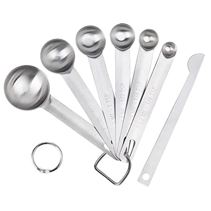 Upgrade Stainless Steel Measuring Spoons Set, Small Tablespoon, Teaspoons, Set 6 with Bonus Leveler, Etched Markings and Removable Clasp for Dry and Liquid, Fits in Spice Jars - size: 7 pieces