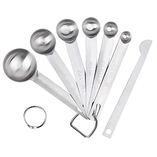 Upgrade Stainless Steel Measuring Spoons Set, Small Tablespoon, Teaspoons, Set 6 with Bonus Leveler, Etched Markings and Removable Clasp for Dry and Liquid, Fits in Spice Jars - size: 7 pieces