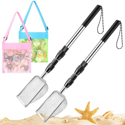New Upgraded 2 Pcs Shark Tooth Sifter with Seashell Bags, Beach Sand Sifter, Sand Scoop Shell Scooper for Beach Scoop Shovel Sifter Tool for Picking Up Shells, Shark Tooth Sifter Dipper - color: Black