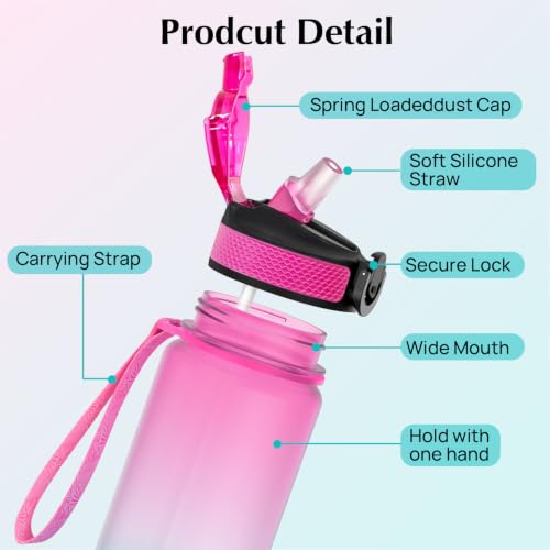 EYQ 32oz Water Bottle with Straw, Time Marker, Blue Purple - color: 2.Fuschia/Green Gradient