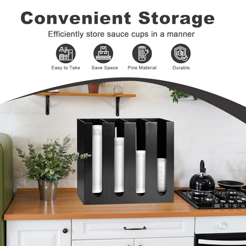 Wall Mount Portion Sauce Cup Lid Organizer Wood Sauce Cup Dispenser 4 Compartments Portion Cup and Lid Holder with Sponge Pad Cup Dispenser fits Cups Size 2 3 oz for Kitchen Counter Restaurant