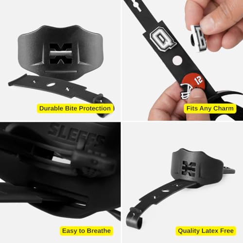SLEEFS Soft Football Mouth Guard 2.0 - Youth Mouthguard with Strap (Removable) - Lip/Teeth Protector Mouthpiece - No Boil - for Youth/Adults, Maximum Air Flow for Flag Football, Lacrosse - Black - color: Black