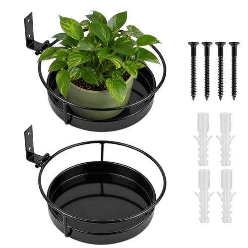 2 Pcs Wall Mounted Plant Holders, Wall Hanging Metal Flower Pot Racks, Floating Plant Shelves with Ring and Base, Indoor Outdoor Decorative Planter Stands for Garden, Porch, Patio