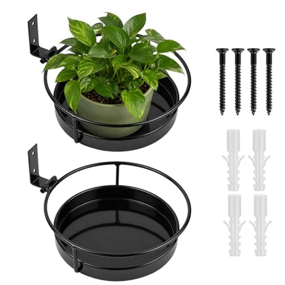 2 Pcs Wall Mounted Plant Holders, Wall Hanging Metal Flower Pot Racks, Floating Plant Shelves with Ring and Base, Indoor Outdoor Decorative Planter Stands for Garden, Porch, Patio