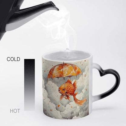 Fish Umbrella Color Changing Mug Heat Sensitive Coffee Mug Magical Ceramic Coffee Cup Personalized Tea Cup Message Appears As It Heats Novelty Gift for Family Friend